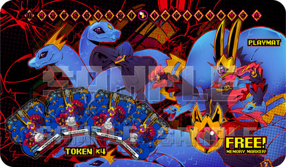 Medusamon playmat set product cover for the Digimon Card Game, showing the Medusamon playmat design, Petrification acrylic tokens (Koromon, Bowmon, Tsunomon, Motimon), and a free Medusamon memory marker.