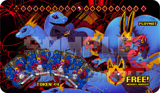 Medusamon playmat set product cover for the Digimon Card Game, showing the Medusamon playmat design, Petrification acrylic tokens (Koromon, Bowmon, Tsunomon, Motimon), and a free Medusamon memory marker.