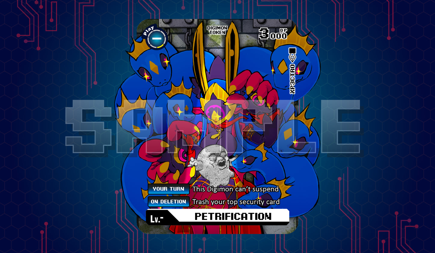 Product cover image of a Motimon Petrification acrylic token for the Digimon Card Game, showing Medusamon’s blue serpent hair around a petrified Motimon and a clear Petrification label.