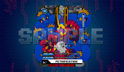 Product cover image of a Motimon Petrification acrylic token for the Digimon Card Game, showing Medusamon’s blue serpent hair around a petrified Motimon and a clear Petrification label.