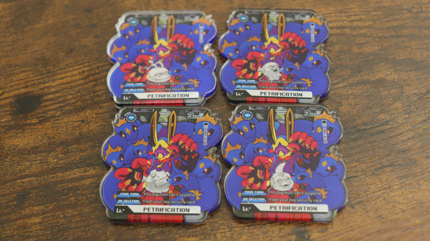 Petrification acrylic token set for the Digimon Card Game, featuring four designs with petrified Koromon, Motimon, Bowmon, and Tsunomon surrounded by Medusamon serpent heads.