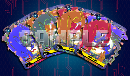 Product cover showing a set of 4 Digimon TCG Pipe Fox acrylic tokens for Sakuyamon playmat set in blue, green, yellow, and red color variants, with stylized fox spirit silhouettes and Digimon token card design, custom Digimon accessories by Xpectro