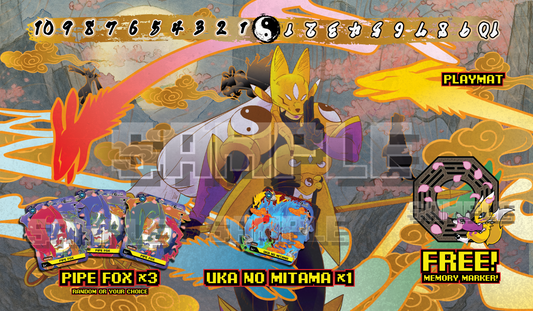 Sakuyamon playmat set product cover for the Digimon Card Game, showing the playmat design plus Pipe Fox acrylic tokens (x3), Uka no Mitama acrylic token (x1), and a free Renamon memory marker.