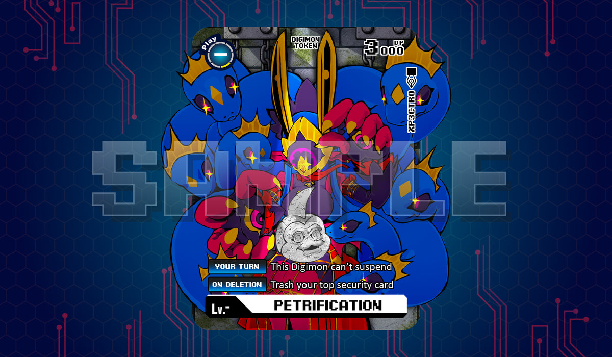 Product cover image of a Tsunomon Petrification acrylic token for the Digimon Card Game, showing Medusamon’s serpent hair surrounding a petrified Tsunomon with a card-style Petrification label.