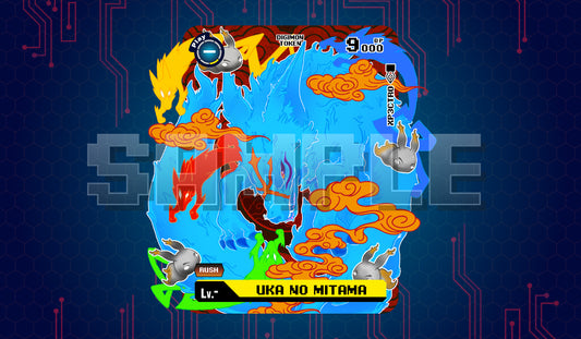 Product cover image of a single Uka no Mitama acrylic token for the Digimon Card Game, featuring blue spirit fox artwork with orange cloud accents on a clear acrylic token.