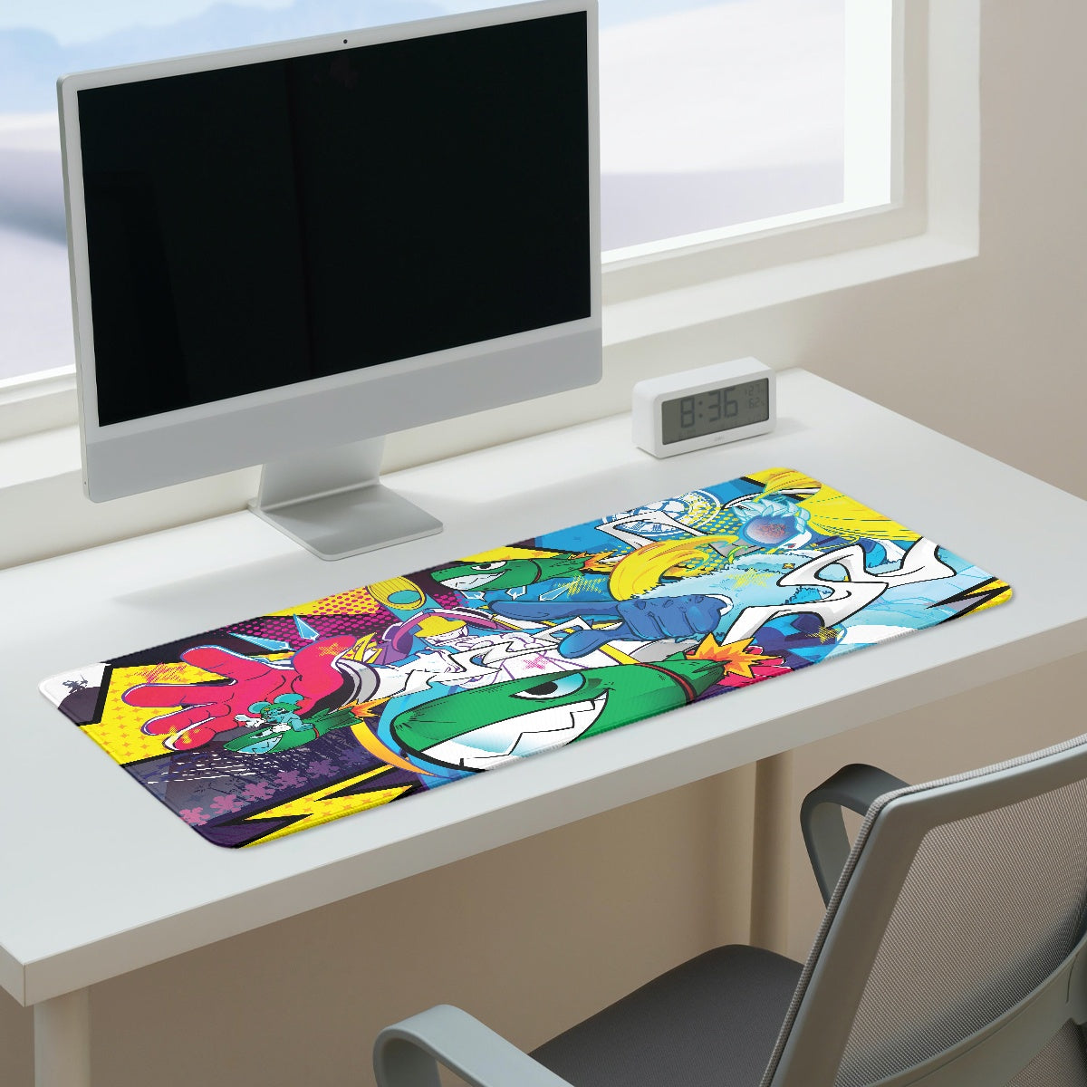 Kaguyamon x Cendrillmon desk pad by XP3CTRO shown in use on a gaming desk setup.