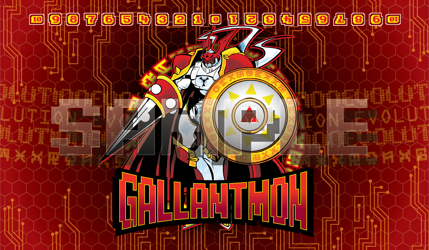 Product cover image featuring Gallantmon (Dukemon) as a crimson knight with lance and shield, on a red hex and cyber circuit background with a Digimon Card Game memory gauge across the top