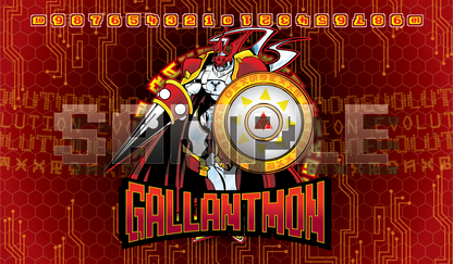 Product cover image featuring Gallantmon (Dukemon) as a crimson knight with lance and shield, on a red hex and cyber circuit background with a Digimon Card Game memory gauge across the top