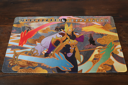 Digimon Card Game playmat artwork featuring Sakuyamon in a Japanese-inspired style with swirling clouds, flowing spirit flames, and a memory gauge counter with a yin-yang icon across the top.
