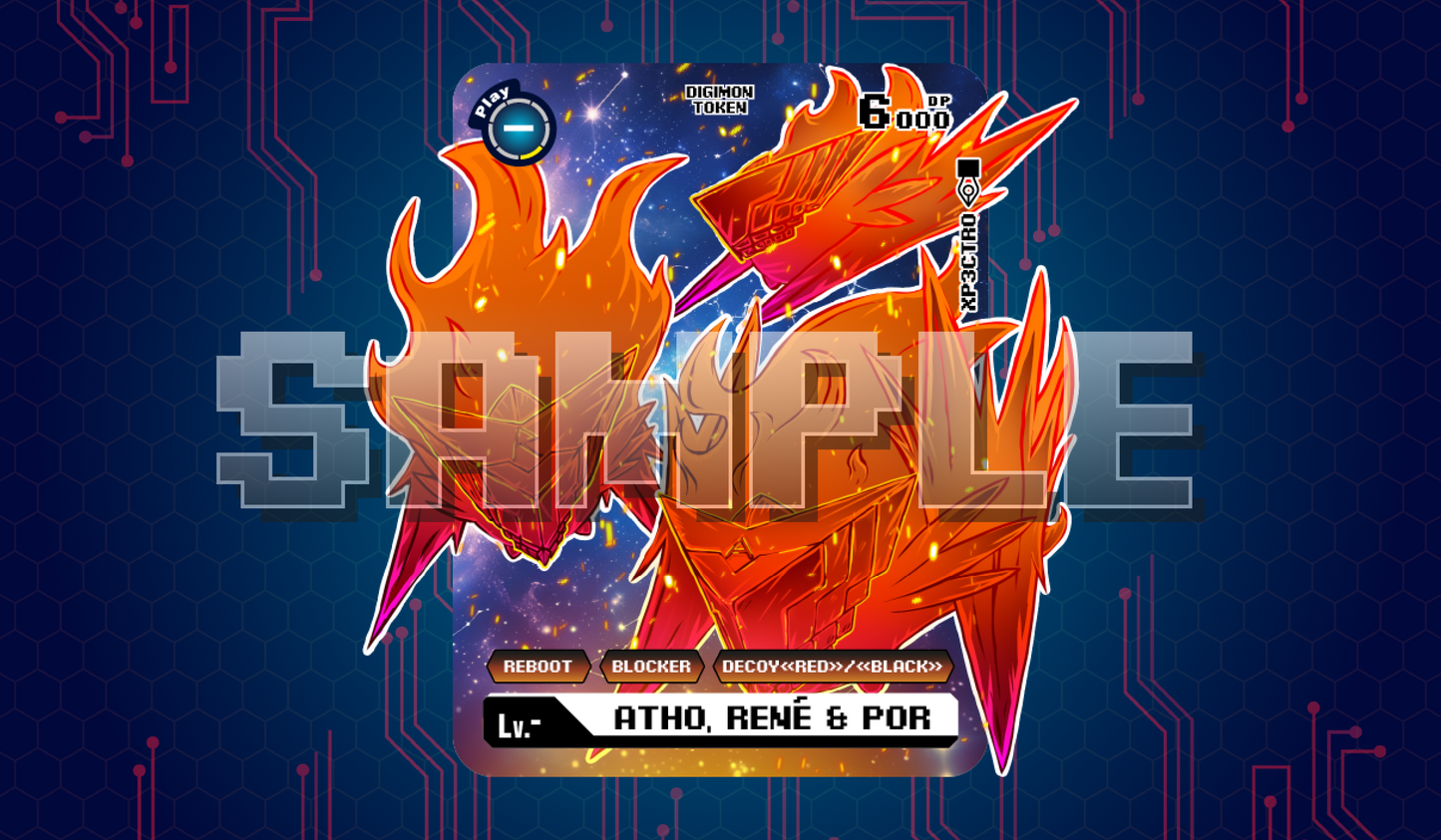 Single Atho, René & Por acrylic token product cover with a fiery orange design on a starry space background, shown on a blue circuit-style backdrop, labeled ‘ATHO, RENÉ & POR’ and ‘6000 DP.
