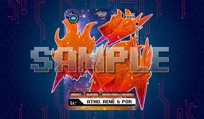Single Atho, René & Por acrylic token product cover with a fiery orange design on a starry space background, shown on a blue circuit-style backdrop, labeled ‘ATHO, RENÉ & POR’ and ‘6000 DP.