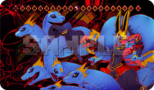 Medusamon playmat product cover for the Digimon Card Game, featuring Medusamon with hydra-style serpent hair on a red and black background and a full memory gauge along the top.