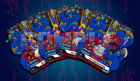 Product cover showing a set of four Petrification acrylic tokens for the Digimon Card Game, featuring Medusamon artwork and four petrified baby Digimon designs: Koromon, Motimon, Bowmon, and Tsunomon.