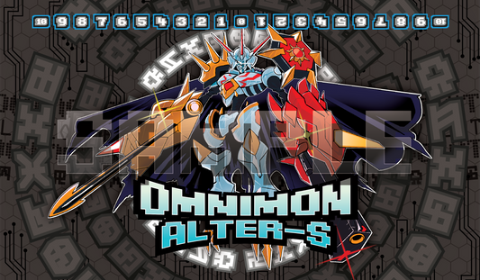 Product cover image for a Digimon Card Game playmat featuring Omnimon Alter-S with black, yellow, and red armor details, on a dark geometric cyber background with a memory gauge across the top.