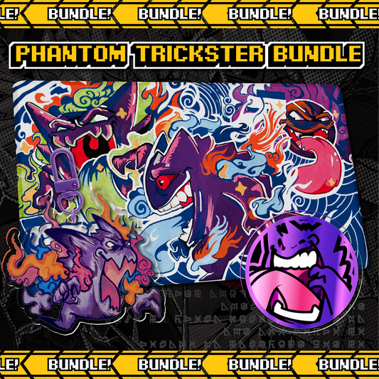 Phantom Trickster Bundle cover art featuring Gengar Pokemon TCG playmat, Haunter keychain, and Gengar acrylic coin set