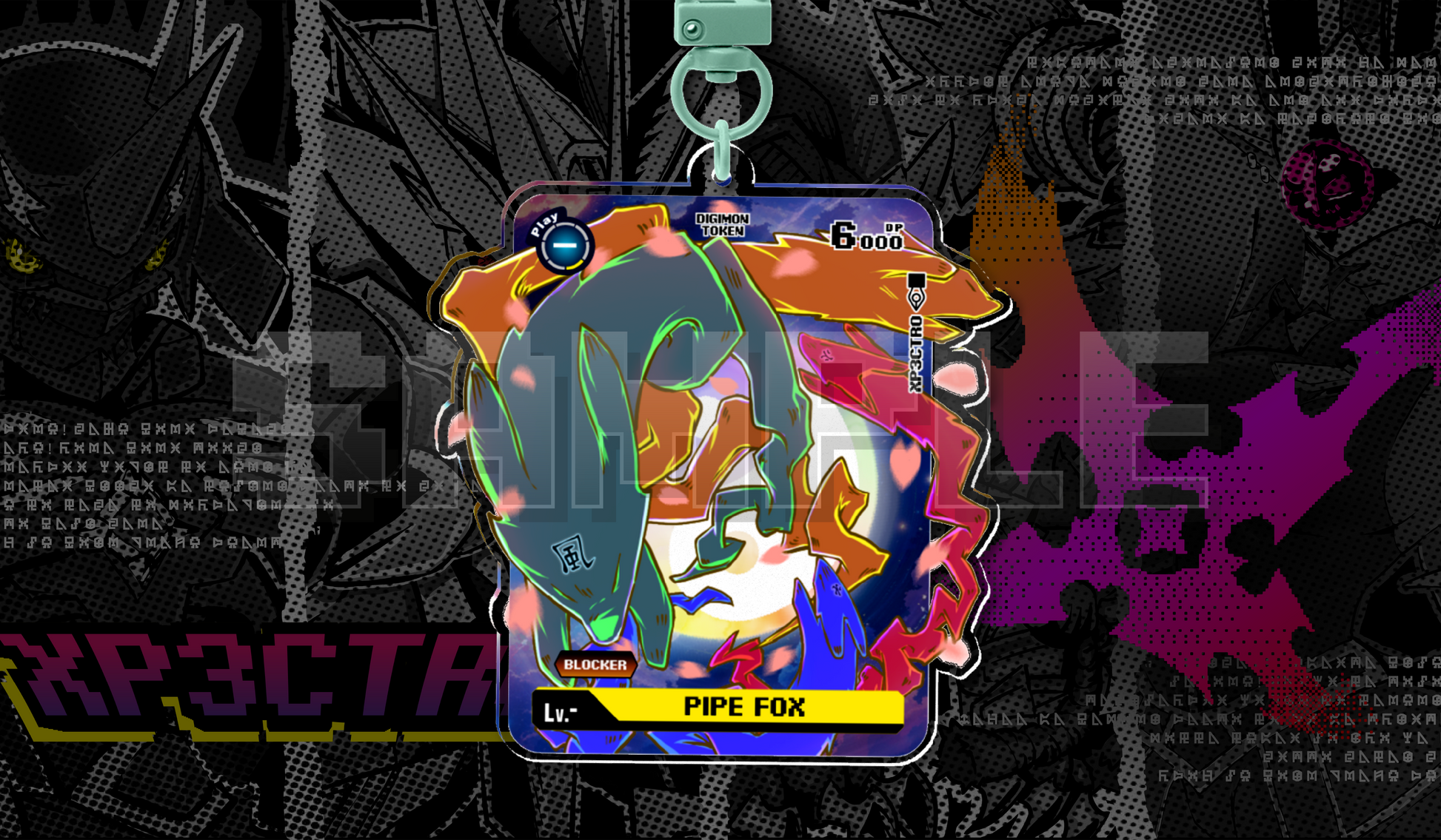 Pipe Fox token acrylic keychain by XP3CTRO, double-sided Sakuyamon-inspired Digimon TCG fan art.