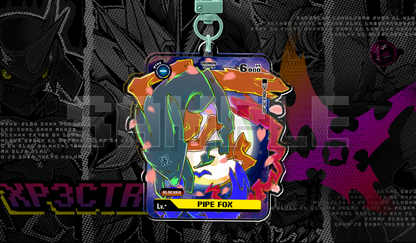Pipe Fox token acrylic keychain by XP3CTRO, double-sided Sakuyamon-inspired Digimon TCG fan art.