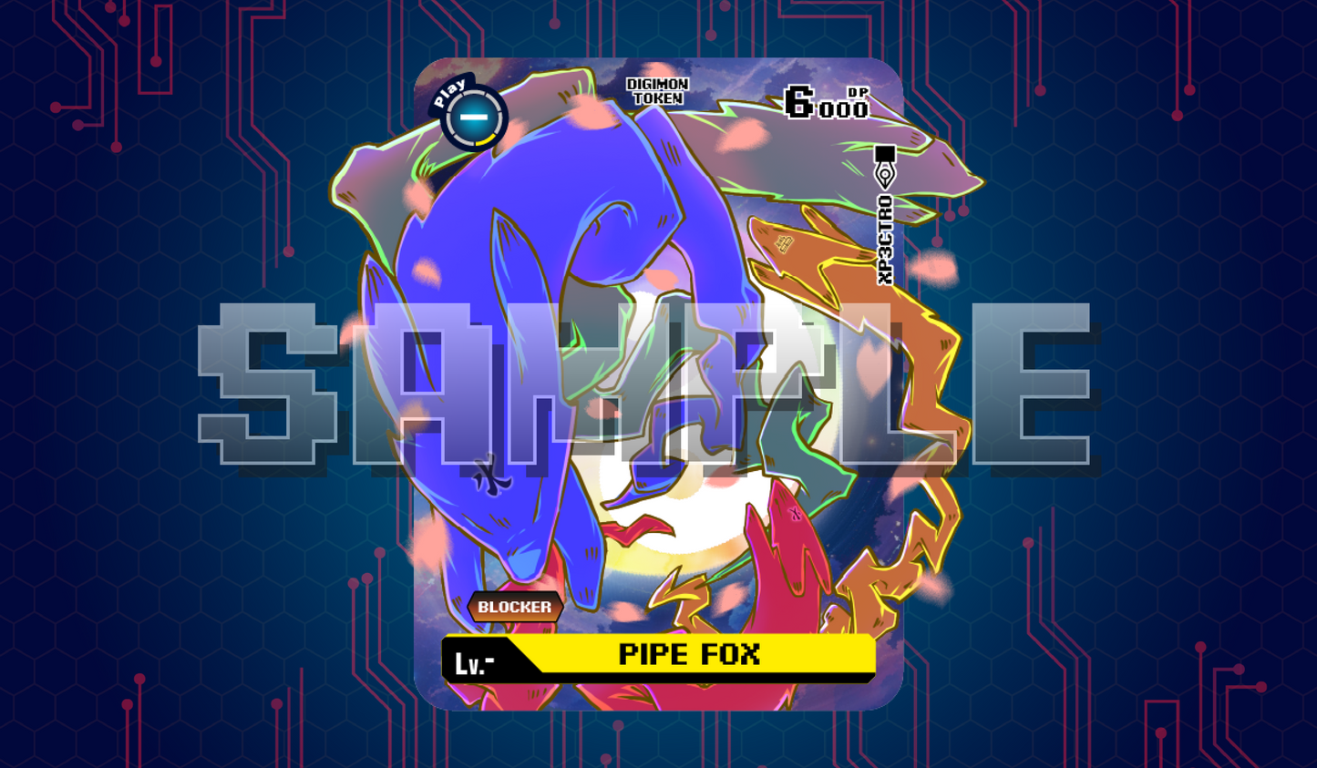 Blue Pipe Fox acrylic token product cover with a swirling multicolor design and falling petal accents on a blue circuit-style background, labeled ‘PIPE FOX’ and ‘6000 DP.