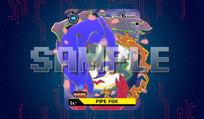 Blue Pipe Fox acrylic token product cover with a swirling multicolor design and falling petal accents on a blue circuit-style background, labeled ‘PIPE FOX’ and ‘6000 DP.