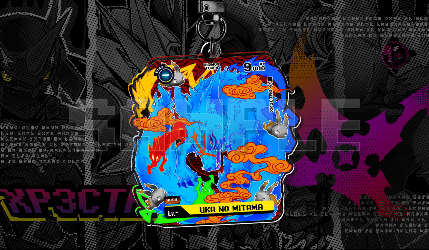 Uka No Mitama token acrylic keychain by XP3CTRO, double-sided Sakuyamon-inspired Digimon TCG fan art.