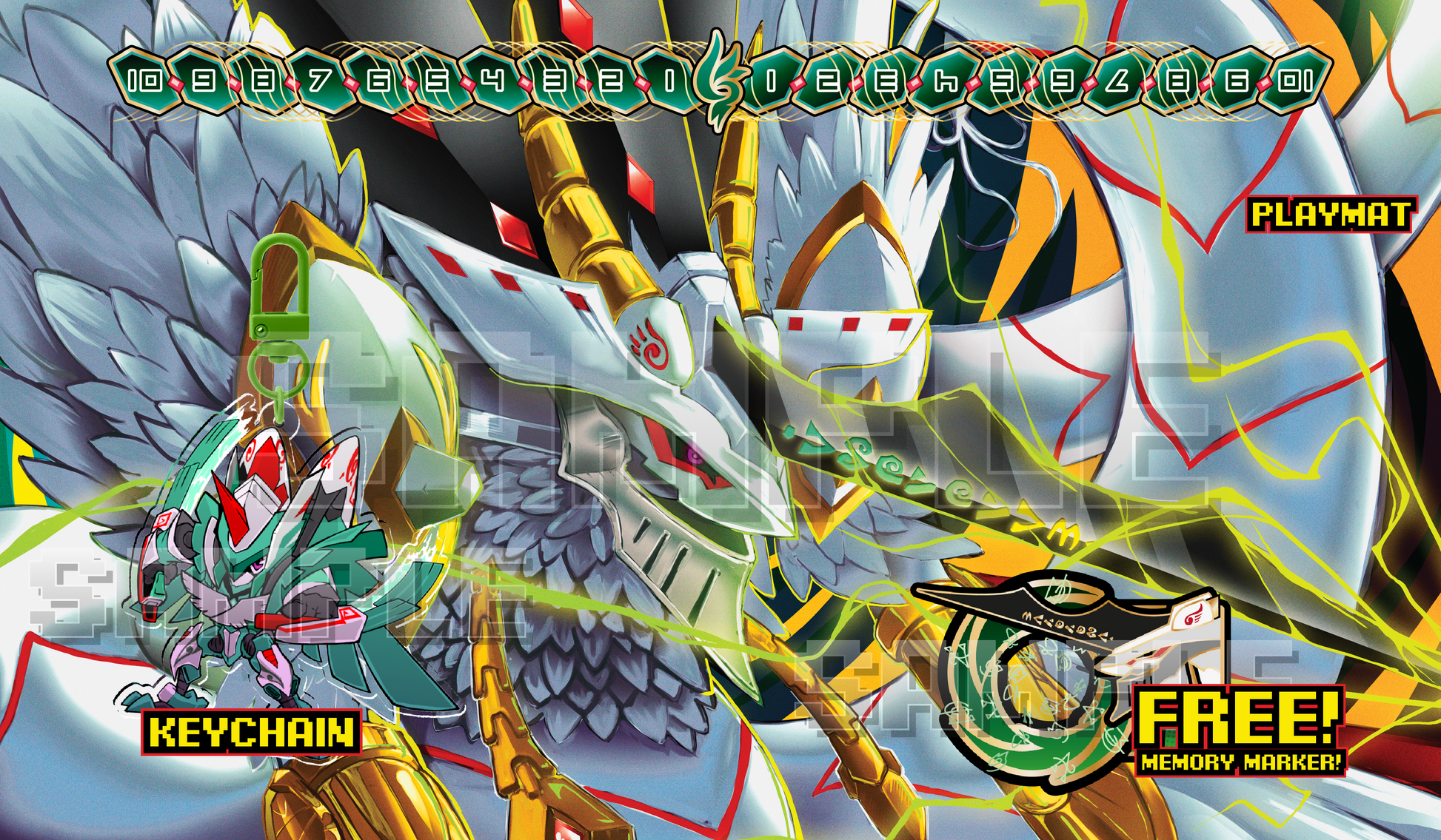 Custom Vortexdramon playmat bundle for the Digimon Card Game. Shows the full playmat design with a 10-to-10 memory gauge at the top, alongside previews of the included  Zephagamon keychain and Vortexdramon memory marker.