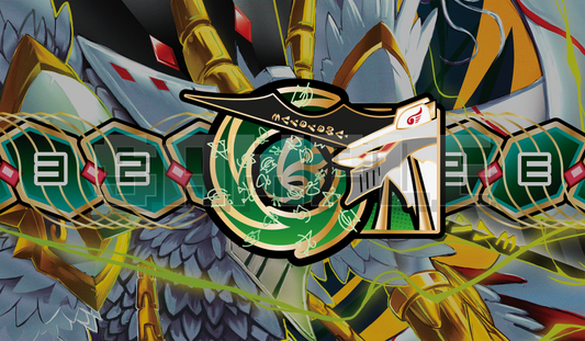 Close-up view of a custom sword-shaped memory marker token for the Digimon Card Game. The marker features a green and white sword hilt design (Vortexdramon's sword) combined with a green gauge reading "3-2-1-0." Set against the detailed Vortexdramon playmat background artwork.