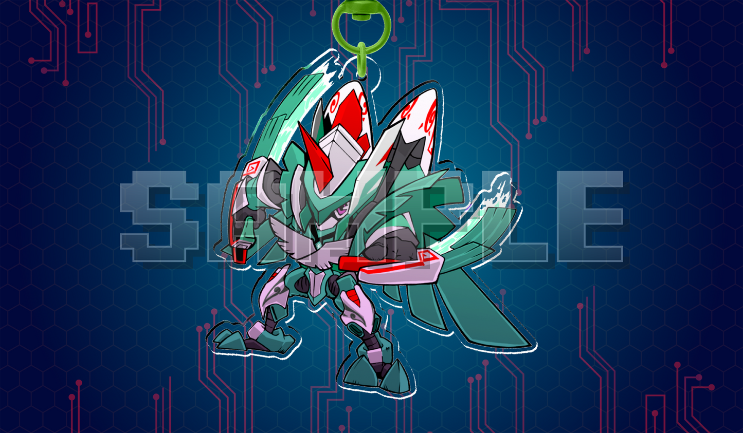 Close-up product photo of a custom acrylic keychain of chibi Zephagamon. The design shows a green and white armored robot character inspired by Zephagamon Digimon. It is attached to a green clasp against a blue digital circuit board background with red traces. A subtle "SAMPLE" watermark is present.